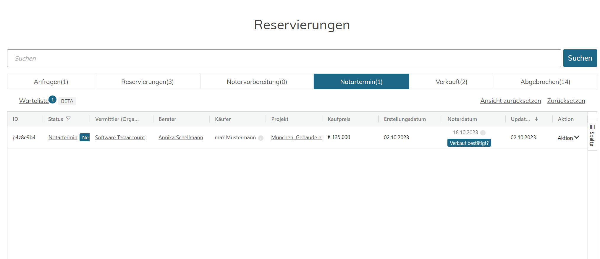 Liste Reservierungen Investagon